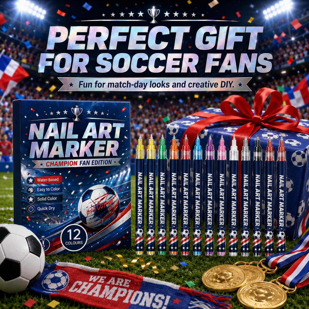 🔥 Cheer Loud • Shine Bright ⚽ 12-Color Football Nail Art Pens 🎨 Fast-Dry DIY Match Day Nails 🏆 Fan Party Essential