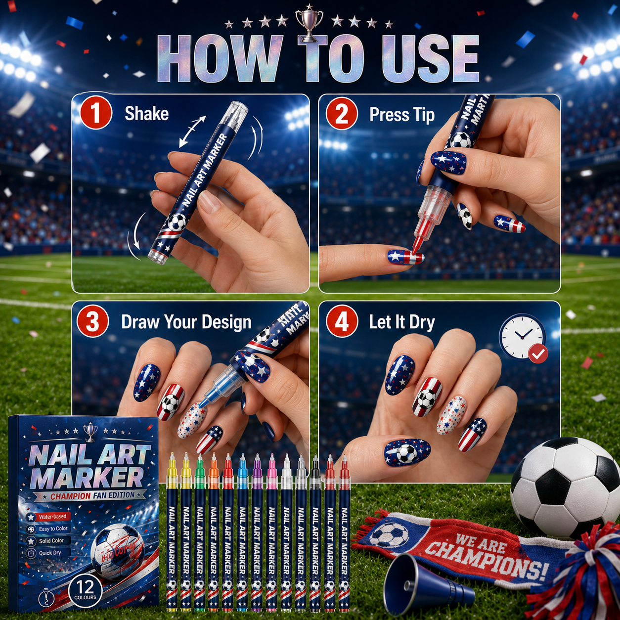 🔥 Cheer Loud • Shine Bright ⚽ 12-Color Football Nail Art Pens 🎨 Fast-Dry DIY Match Day Nails 🏆 Fan Party Essential